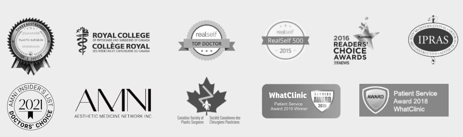 Logos and award badges for the ThreeBestRated Top 3 Plastic Surgeon award;the Royal College of Physicians and Surgeons; Canadian Society of Plastic Surgeons; Aesthetic Medicine Network Inc.; International Confederation of Plastic, Reconstructive and Aesthetic Surgery; RealSelf Top Doctor; WhatClinic & WhatClinic Patient Services Award; and Readers's Choice Award.