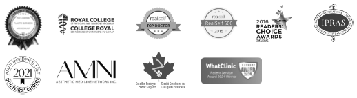 Logos and award badges for the ThreeBestRated Top 3 Plastic Surgeon award;the Royal College of Physicians and Surgeons; Canadian Society of Plastic Surgeons; Aesthetic Medicine Network Inc.; International Confederation of Plastic, Reconstructive and Aesthetic Surgery; RealSelf Top Doctor; WhatClinic & WhatClinic Patient Services Award; and Readers's Choice Award.