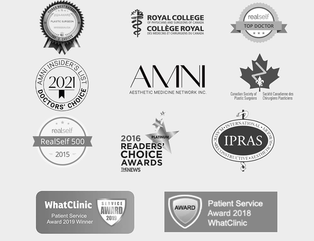 Logos and award badges for the ThreeBestRated Top 3 Plastic Surgeon award; the Royal College of Physicians and Surgeons; Canadian Society of Plastic Surgeons; Aesthetic Medicine Network Inc.; International Confederation of Plastic, Reconstructive and Aesthetic Surgery; RealSelf Top Doctor; WhatClinic & WhatClinic Patient Services Award; and Readers's Choice Award.