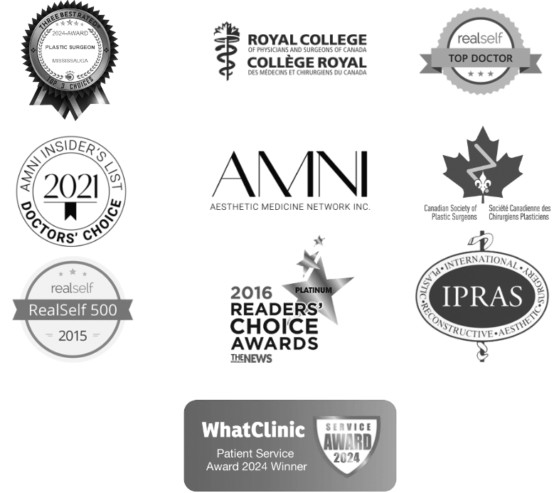 Logos and award badges for the ThreeBestRated Top 3 Plastic Surgeon award; the Royal College of Physicians and Surgeons; Canadian Society of Plastic Surgeons; Aesthetic Medicine Network Inc.; International Confederation of Plastic, Reconstructive and Aesthetic Surgery; RealSelf Top Doctor; WhatClinic & WhatClinic Patient Services Award; and Readers's Choice Award.