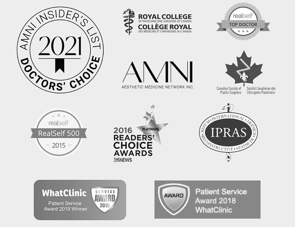 Logos and award badges for the Royal College of Physicians and Surgeons; Canadian Society of Plastic Surgeons; Aesthetic Medicine Network Inc.; International Confederation of Plastic, Reconstructive and Aesthetic Surgery; RealSelf Top Doctor; WhatClinic & WhatClinic Patient Services Award; and Readers's Choice Award.