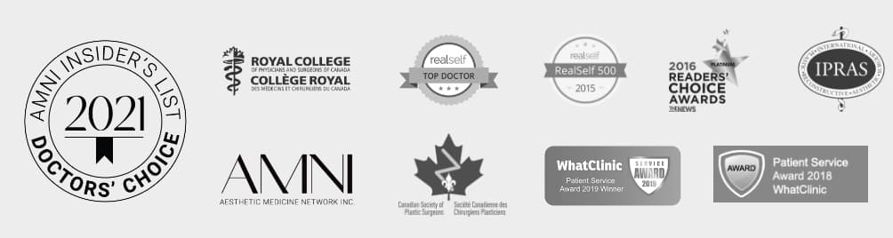 Logos and award badges for the Royal College of Physicians and Surgeons; Canadian Society of Plastic Surgeons; Aesthetic Medicine Network Inc.; International Confederation of Plastic, Reconstructive and Aesthetic Surgery; RealSelf Top Doctor; WhatClinic & WhatClinic Patient Services Award; and Readers's Choice Award.