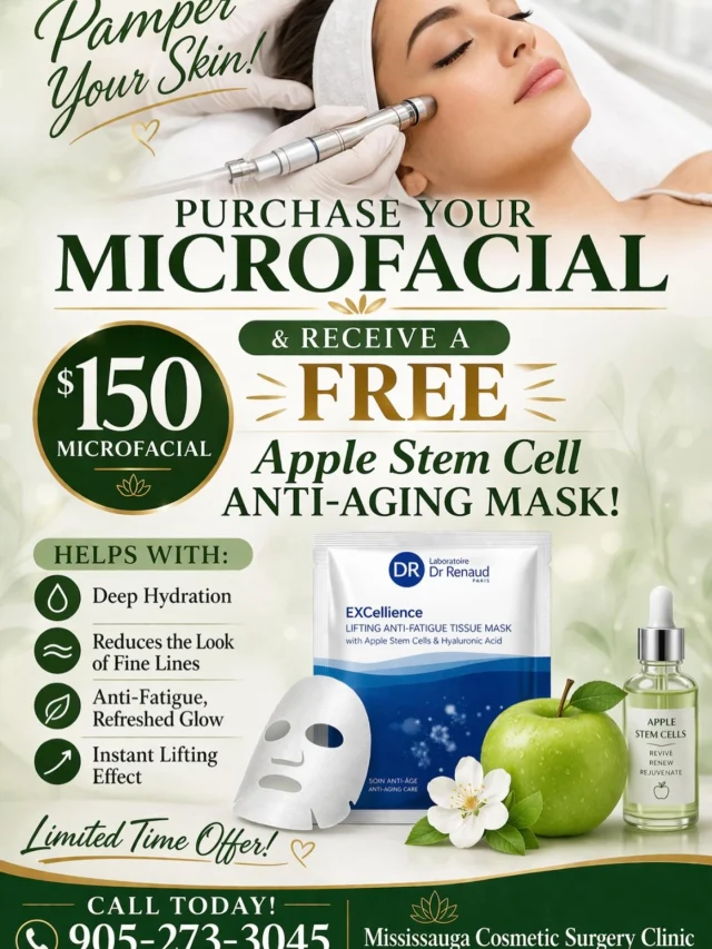 ✨ Special Offer ✨

Purchase a Micro Facial and receive a FREE Apple Stem Cell Anti-Aging Mask! 🍏

This rejuvenating mask helps with:• Deep hydration• Reducing the look of fine lines• An anti-fatigue, refreshed glow. An instant lifting effect

Treat your skin and feel the difference—book your appointment today!
📱 905-273-3045