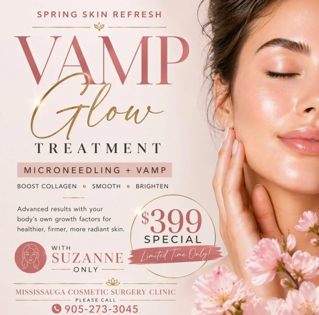 By popular demand… it’s back! 

Our advanced Microneedling + VAMP treatment returns for a limited time.
Experience this powerful skin-rejuvenating treatment with Suzanne for only $399 (regular $475).

✨ Boost collagen
✨ Smooth + brighten
✨ Reveal your spring glow

Book your appointment today and step into radiant, glowing skin. Call today 905 273 3045