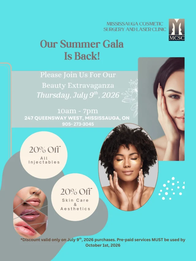 🎉 It’s that time of year again, our Summer Beauty Gala is back! ☀️✨

Only 6 days to go!

Join us on Thursday, July 9 for our biggest summer event and enjoy incredible savings:
💉 20% OFF all injectables ✨ 20% OFF aesthetics 🧴 20% OFF skincare

There are three ways to take advantage of these exclusive offers:
✔️ RSVP and join us in person ✔️ Book your treatment for July 9 ✔️ Prepay for your treatments or skincare—either over the phone or in person

Don’t miss this once-a-year event! Reserve your spot today and treat yourself to summer beauty savings.

📞 Call us  905 273 3045 to RSVP, book your treatment, or prepay your services. We can’t wait to see you on Thursday, July 9!